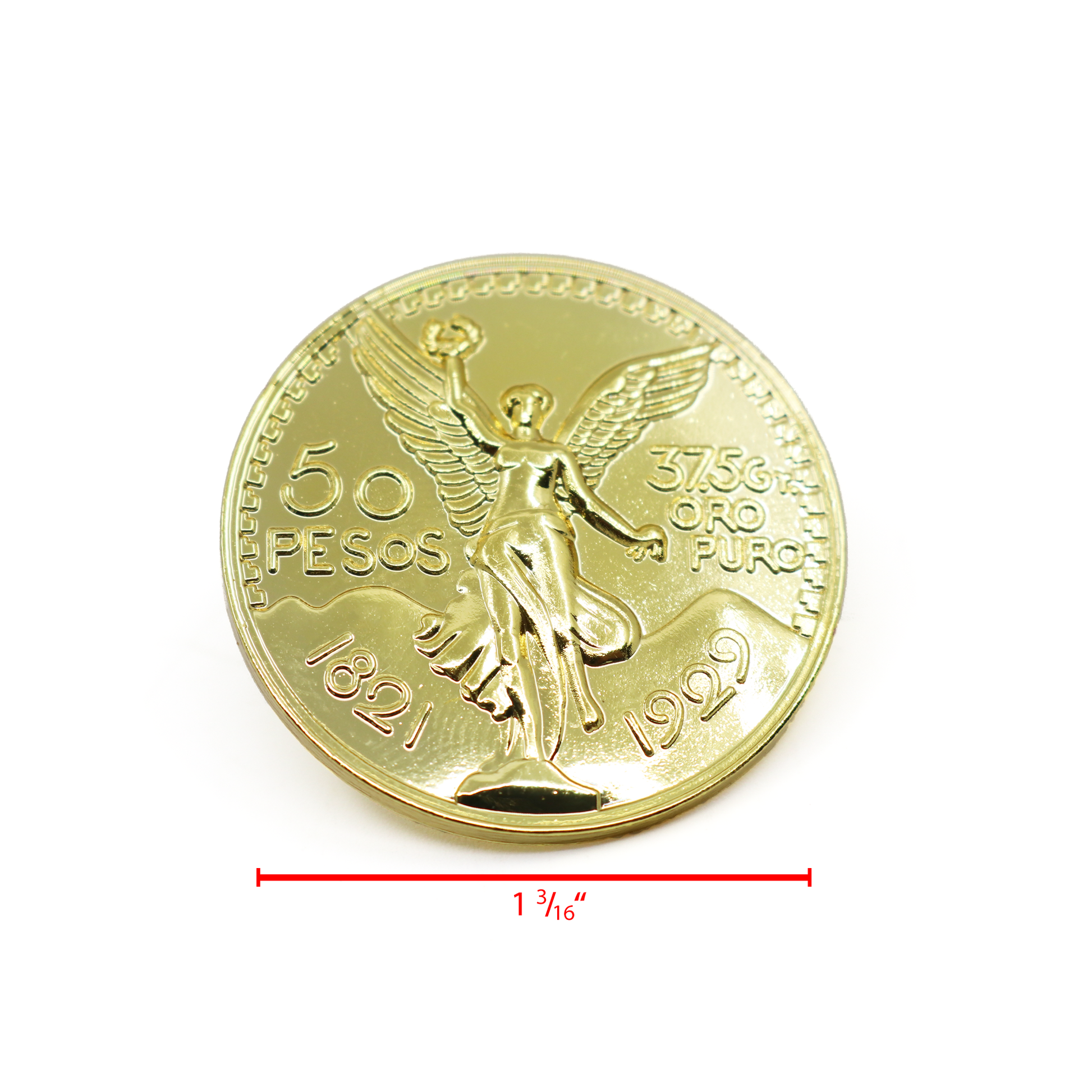 Shiny gold El Cente pin, 1 3/16" diameter, featuring an angel, "50 PESOS," and "37.5G ORO PURO.