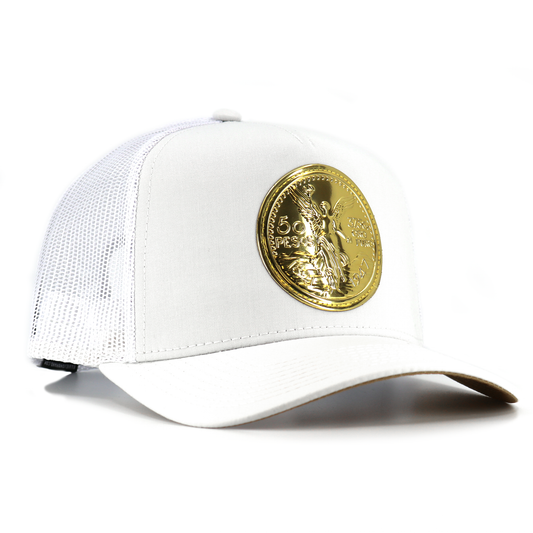 El Cente White AVC hat with gold 50 Pesos coin emblem, white mesh, and pre-curved visor.