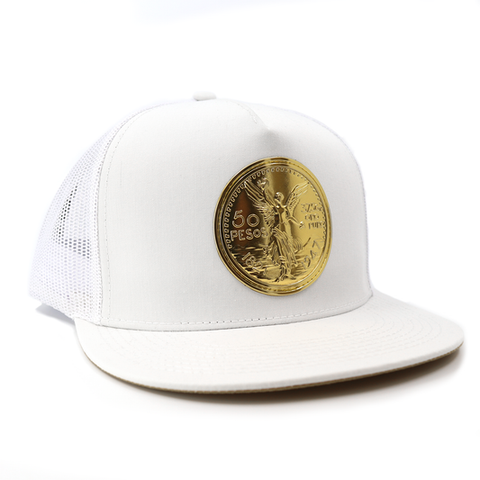 El Cente White flat visor Yupoong trucker hat with a gold 50 Pesos coin emblem.