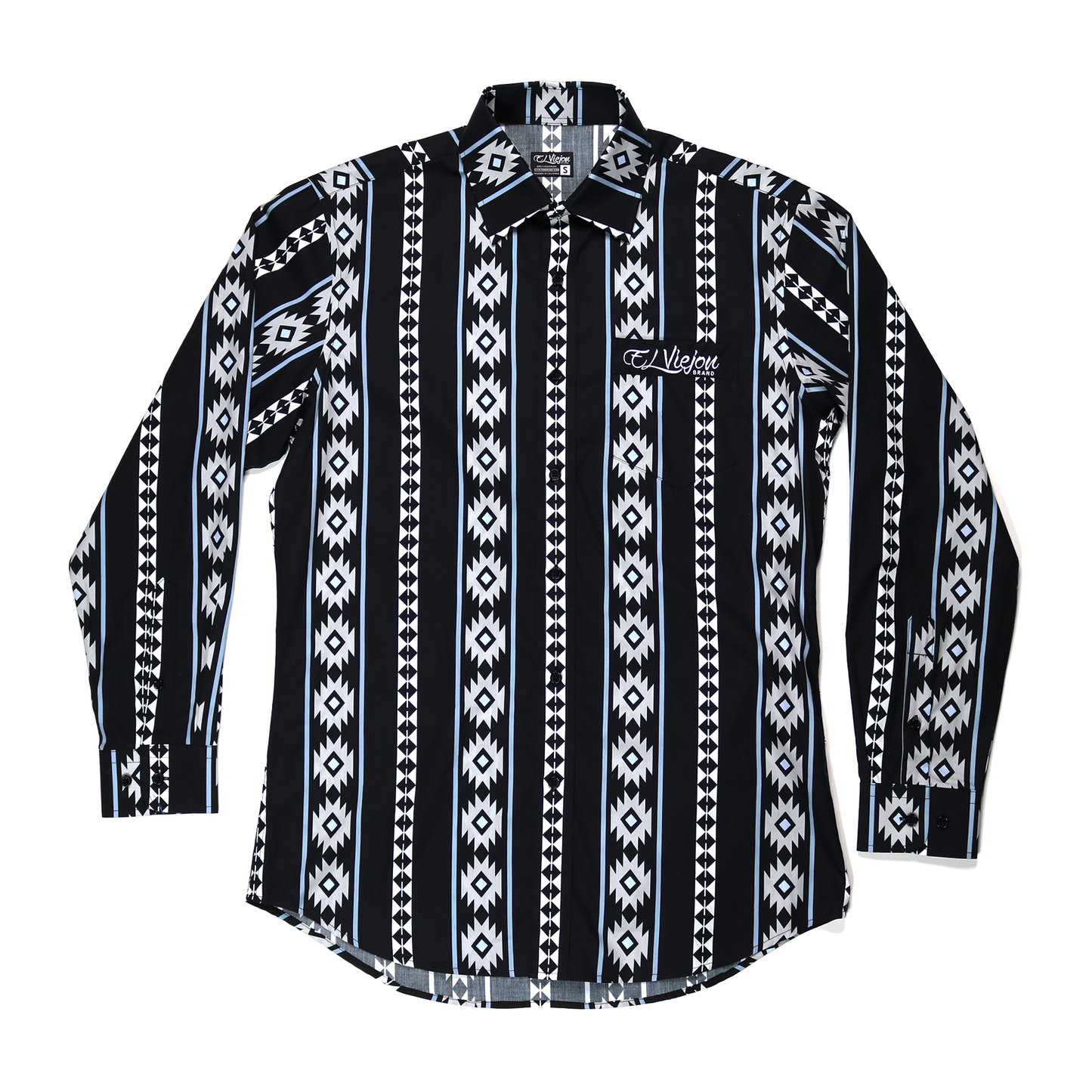 Cheyenne Black dress shirt, 100% cotton, long sleeve with white and light blue geometric patterns.