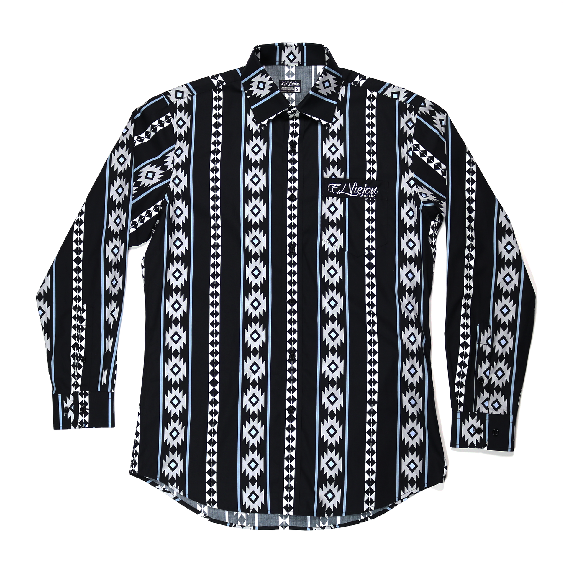 Cheyenne Black dress shirt, 100% cotton, long sleeve with white and light blue geometric patterns.