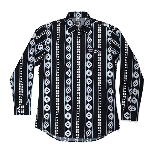 Cheyenne Black dress shirt, 100% cotton, long sleeve with white and light blue geometric patterns.