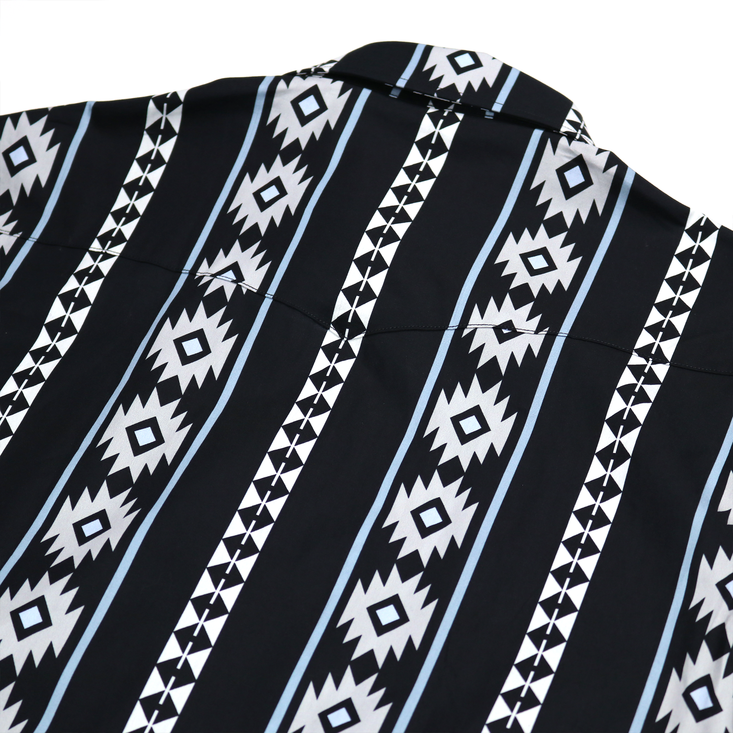 Cheyenne Black dress shirt with black, white, and light blue geometric pattern, 100% cotton.