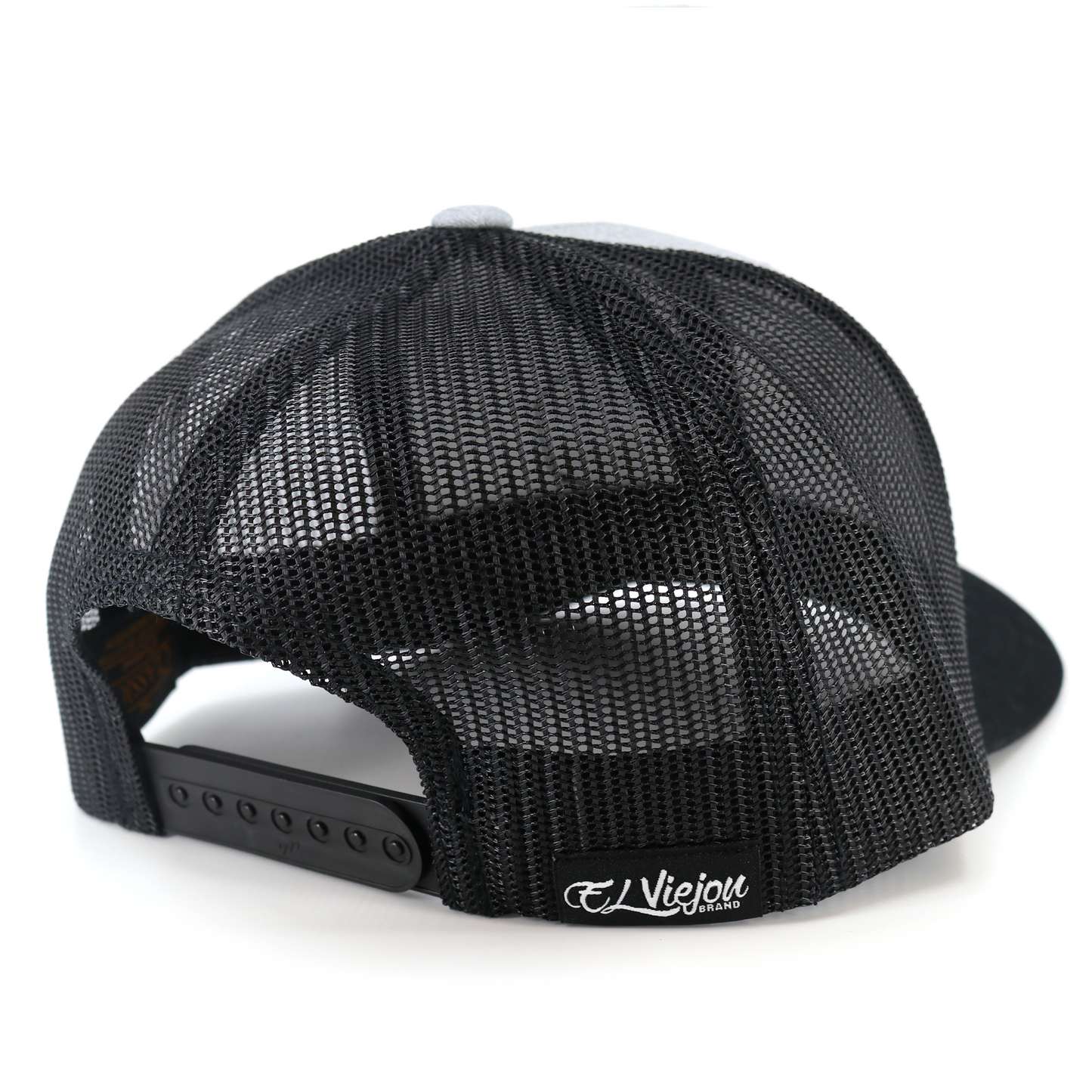 Dakota Black/Heather/Black Yupoong Classic trucker hat with black mesh back and adjustable snapback.