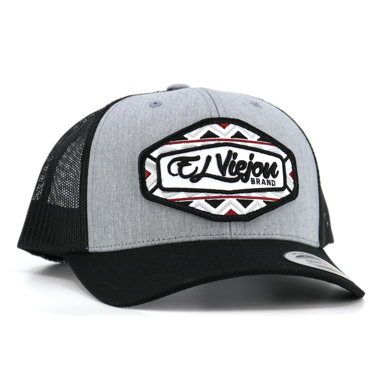 Dakota Yupoong Classic trucker hat: black mesh, heather gray front, black visor, "El Viejon Brand" patch.