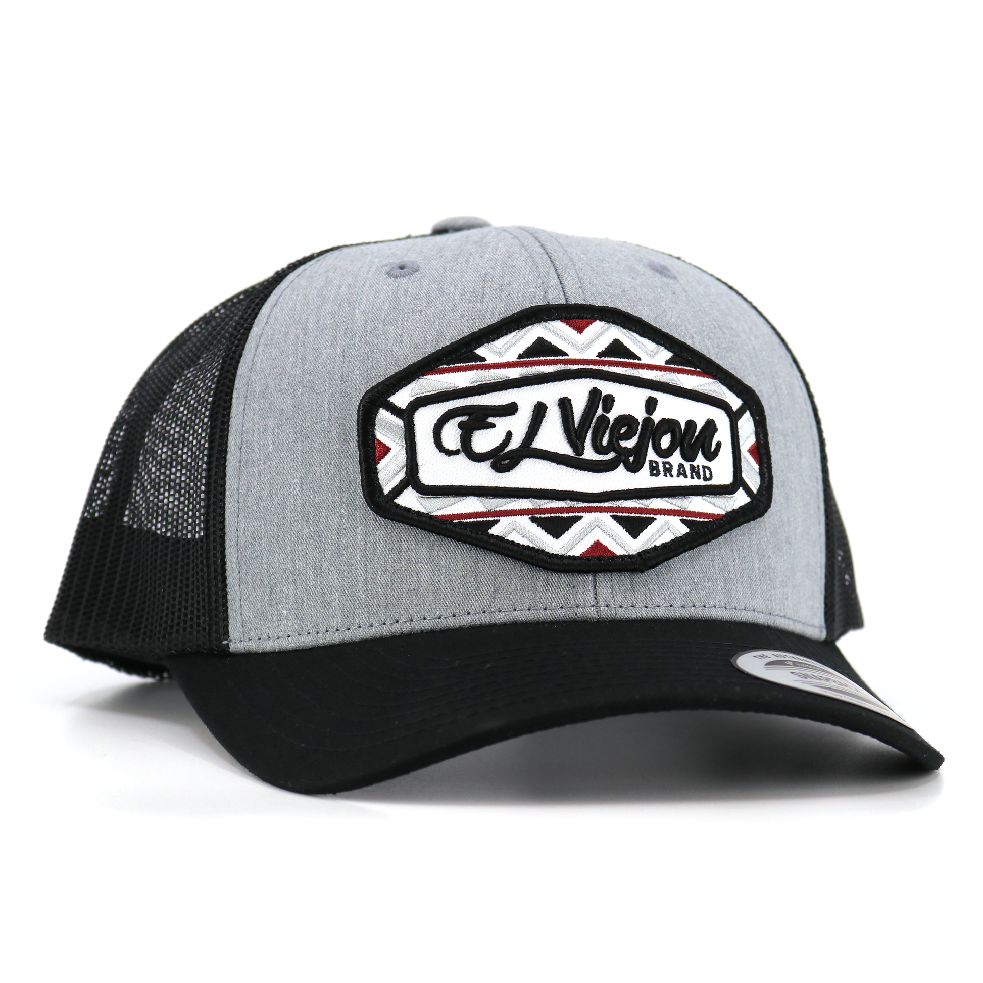 Dakota Yupoong Classic trucker hat: black mesh, heather gray front, black visor, "El Viejon Brand" patch.