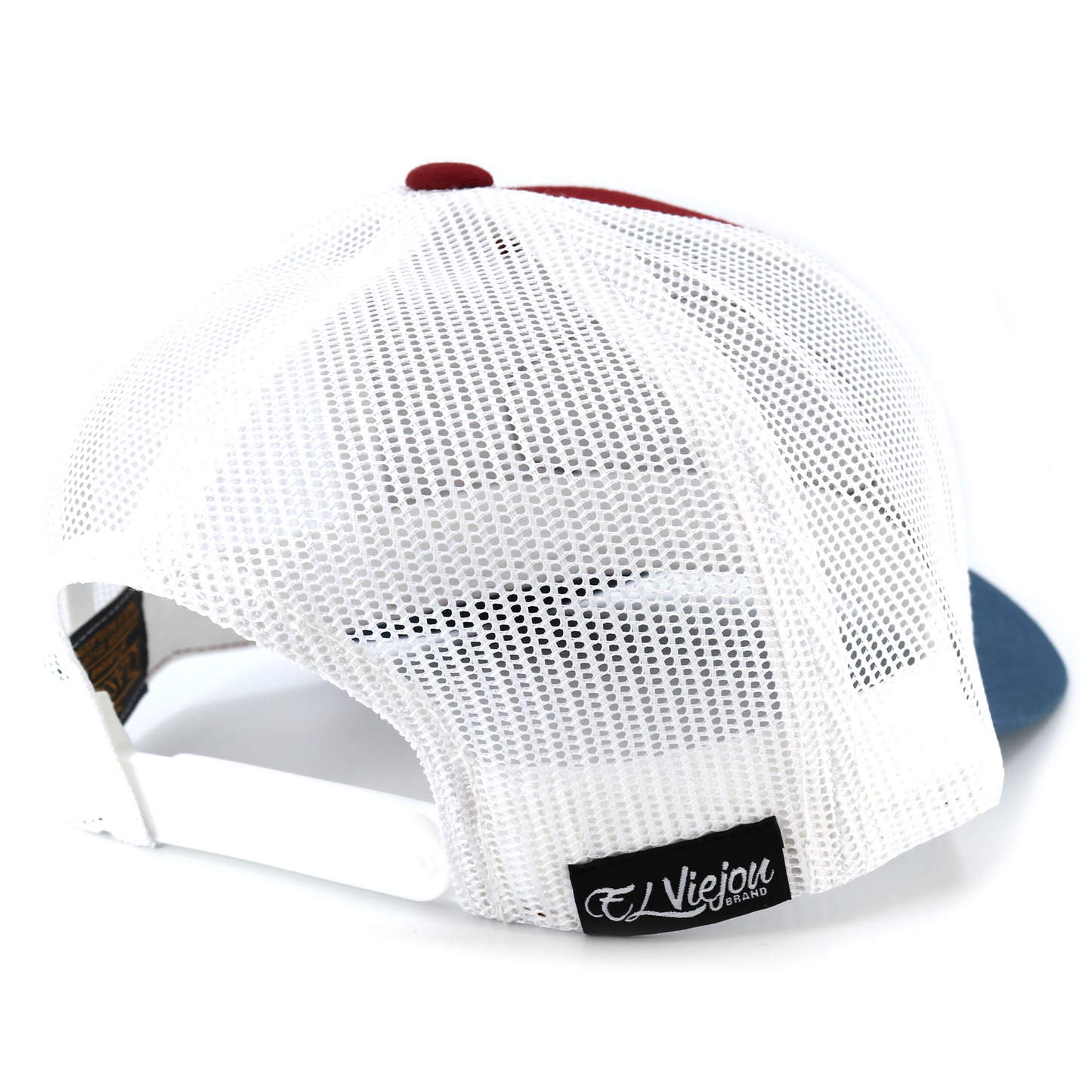 Dakota Indigo/Maroon/White Yupoong Classic trucker hat with white mesh back and adjustable snapback.