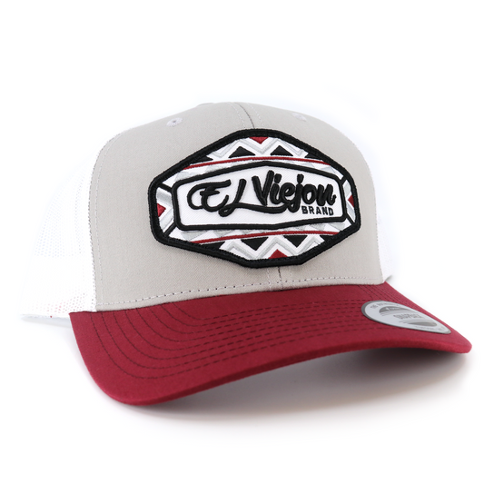 Dakota Maroon/Silver/White classic visor hat with "El Viejon Brand" patch, mesh back, and snapback.