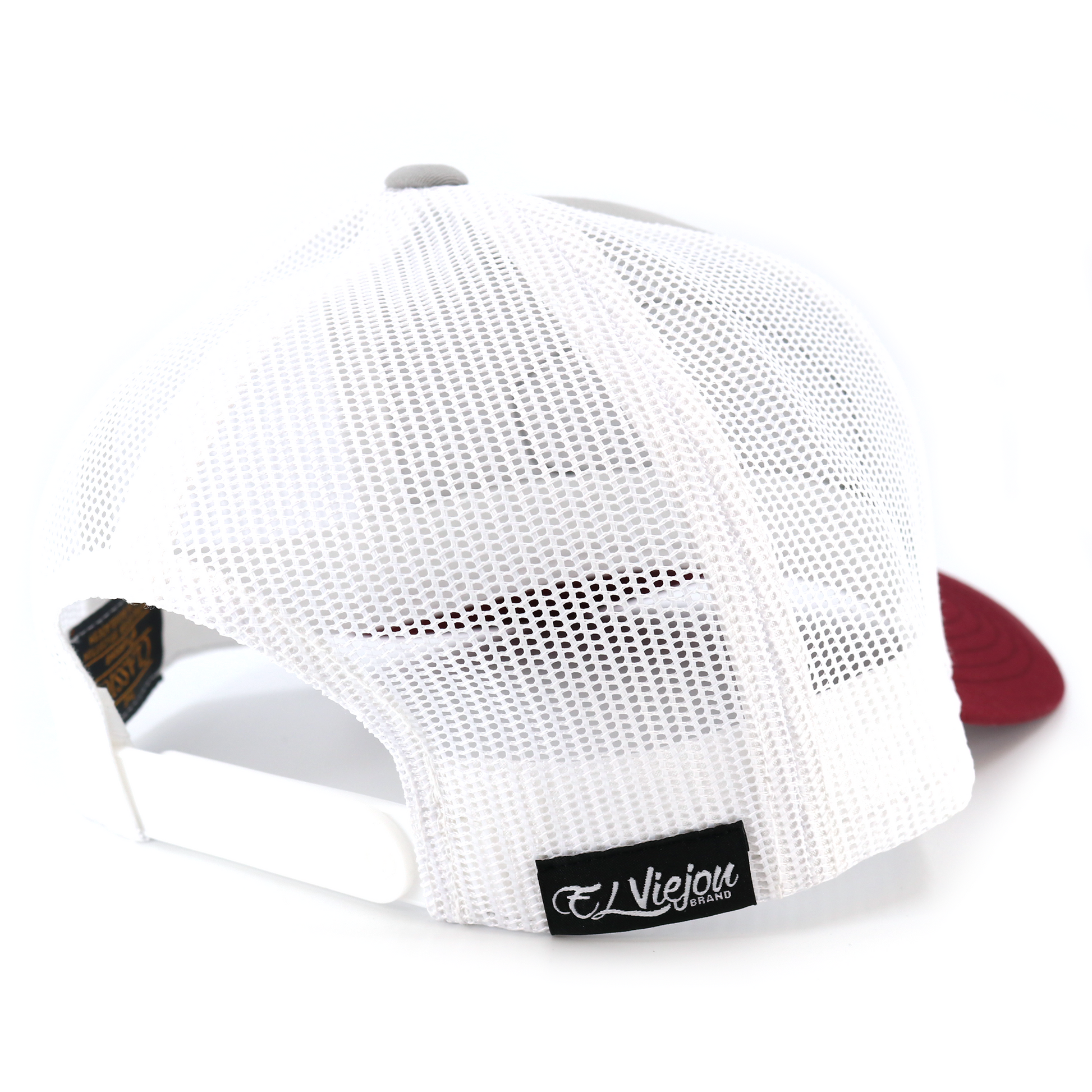 Dakota Maroon/Silver/White classic visor hat, Yupoong Classic trucker style with white mesh back and adjustable snapback.