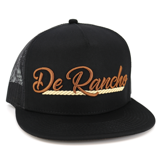 De Rancho Black flat visor hat with brown embroidered script and rope detail, black mesh back.