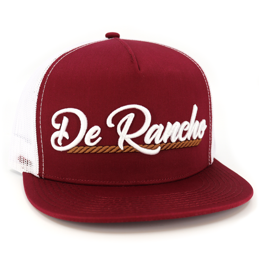 De Rancho maroon flat visor hat with white mesh back and embroidered logo.