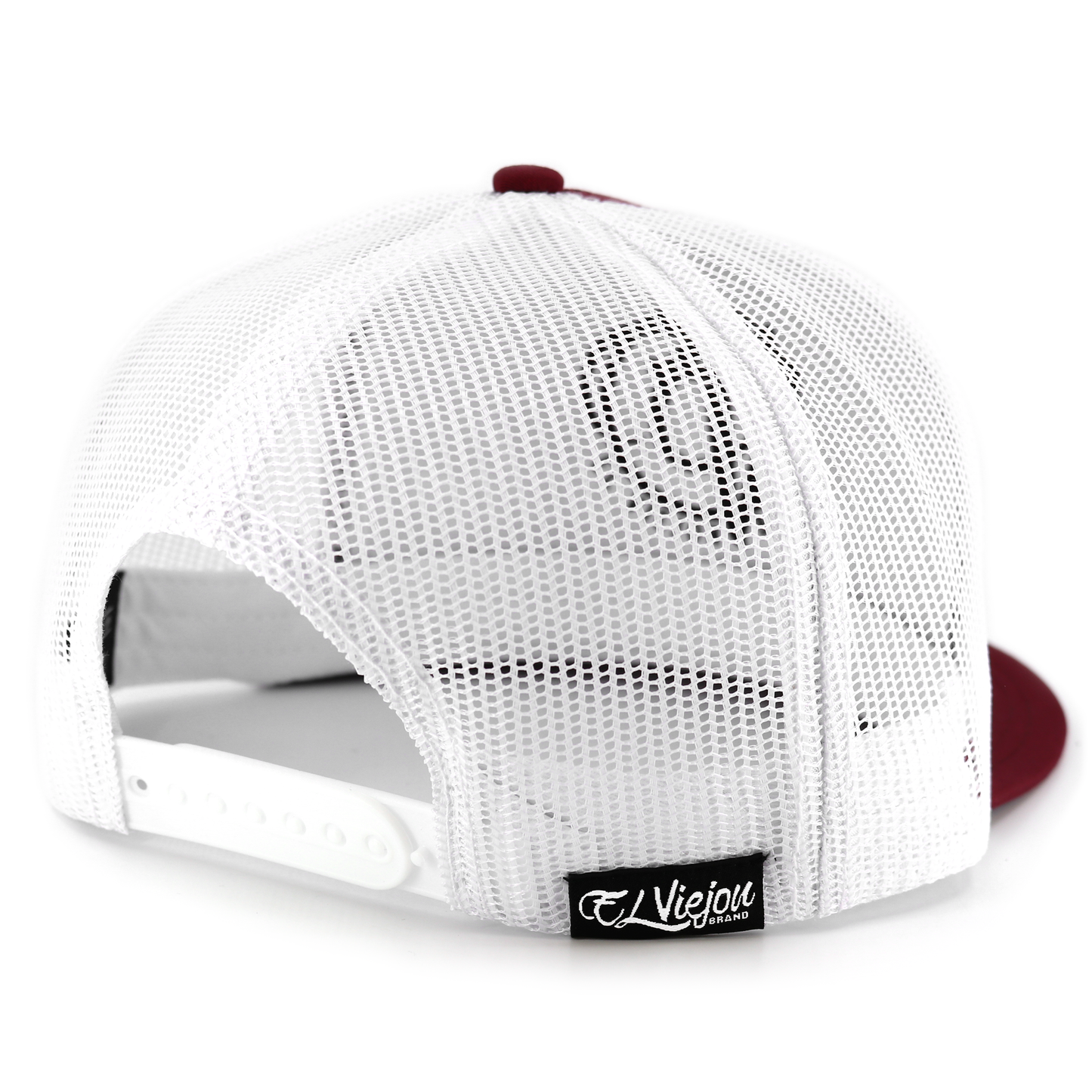 De Rancho maroon and white mesh flat visor snapback hat with "Viejo" brand tag.