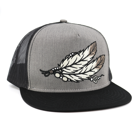 Dos Plumas Black/Heather/Black flat visor hat with feather embroidery, black mesh back, and snapback closure.