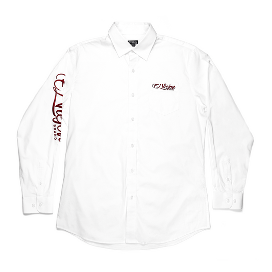 White long-sleeve dress shirt with a straight collar, front pocket, and "El Viejon Brand" logo.