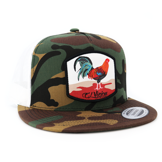 Gallo Camo/White Yupoong Classic trucker hat with a colorful rooster patch and flat visor.