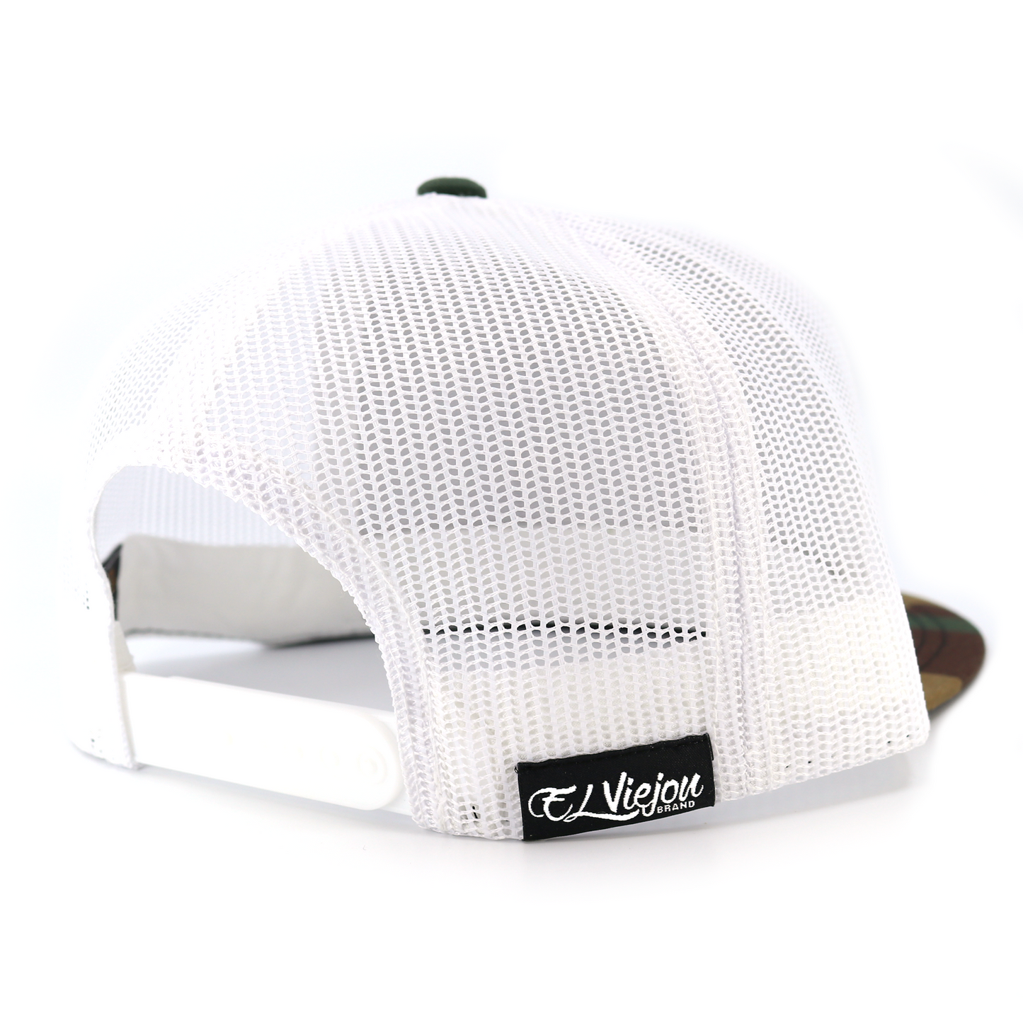 Gallo Camo/White Yupoong Classic trucker hat with white mesh back, adjustable snapback, and El Viejou Brand tag.