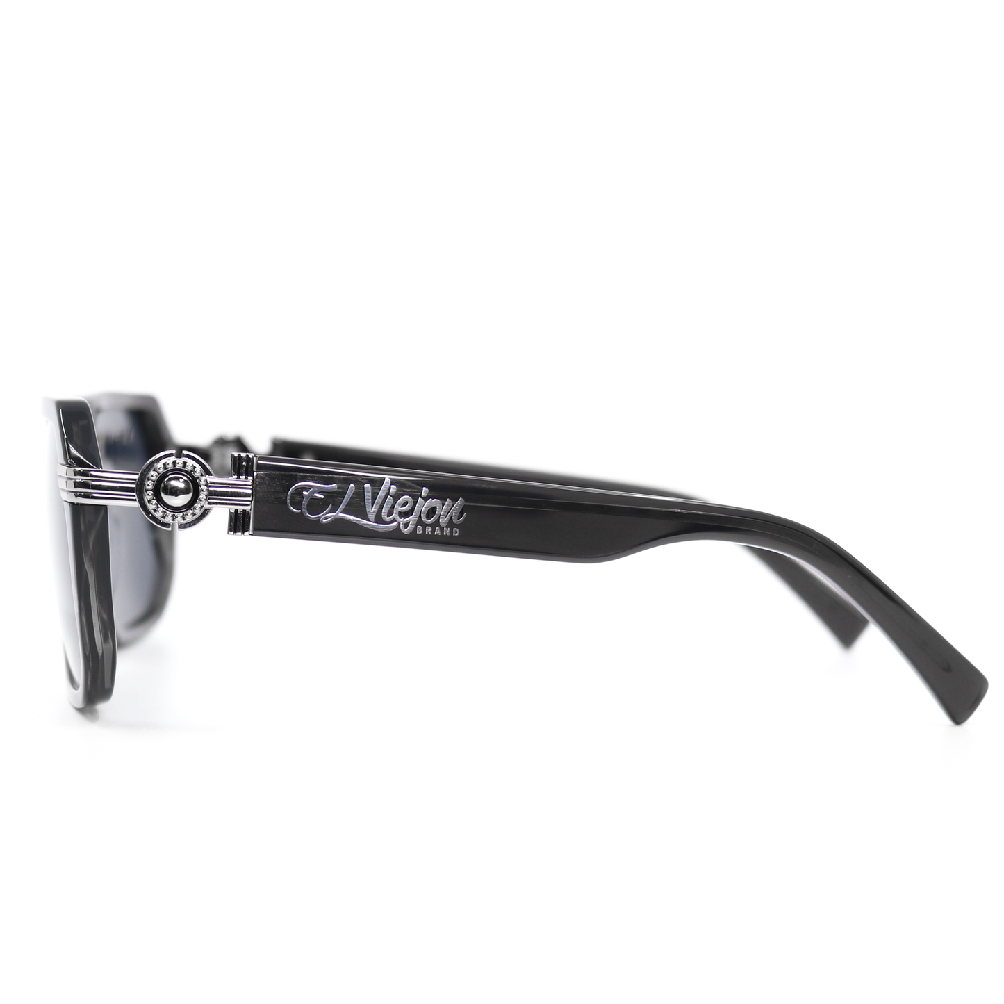 El Viejon Brand Emperador Grey sunglasses with black acetate frame and silver temple logo.