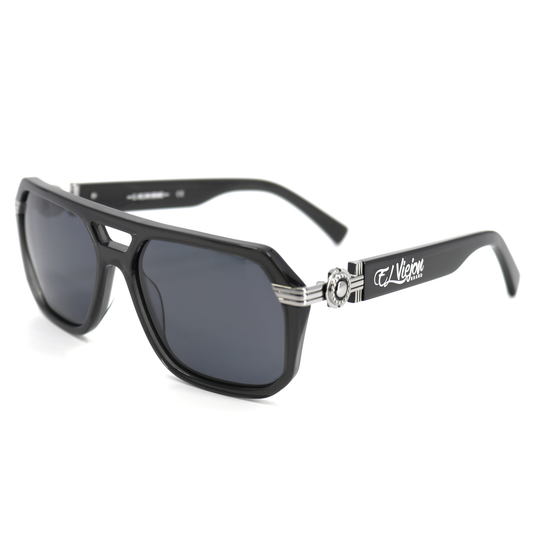 Emperador Grey sunglasses with black acetate frame, polarized lenses, and El Viejon Brand logo on temples.
