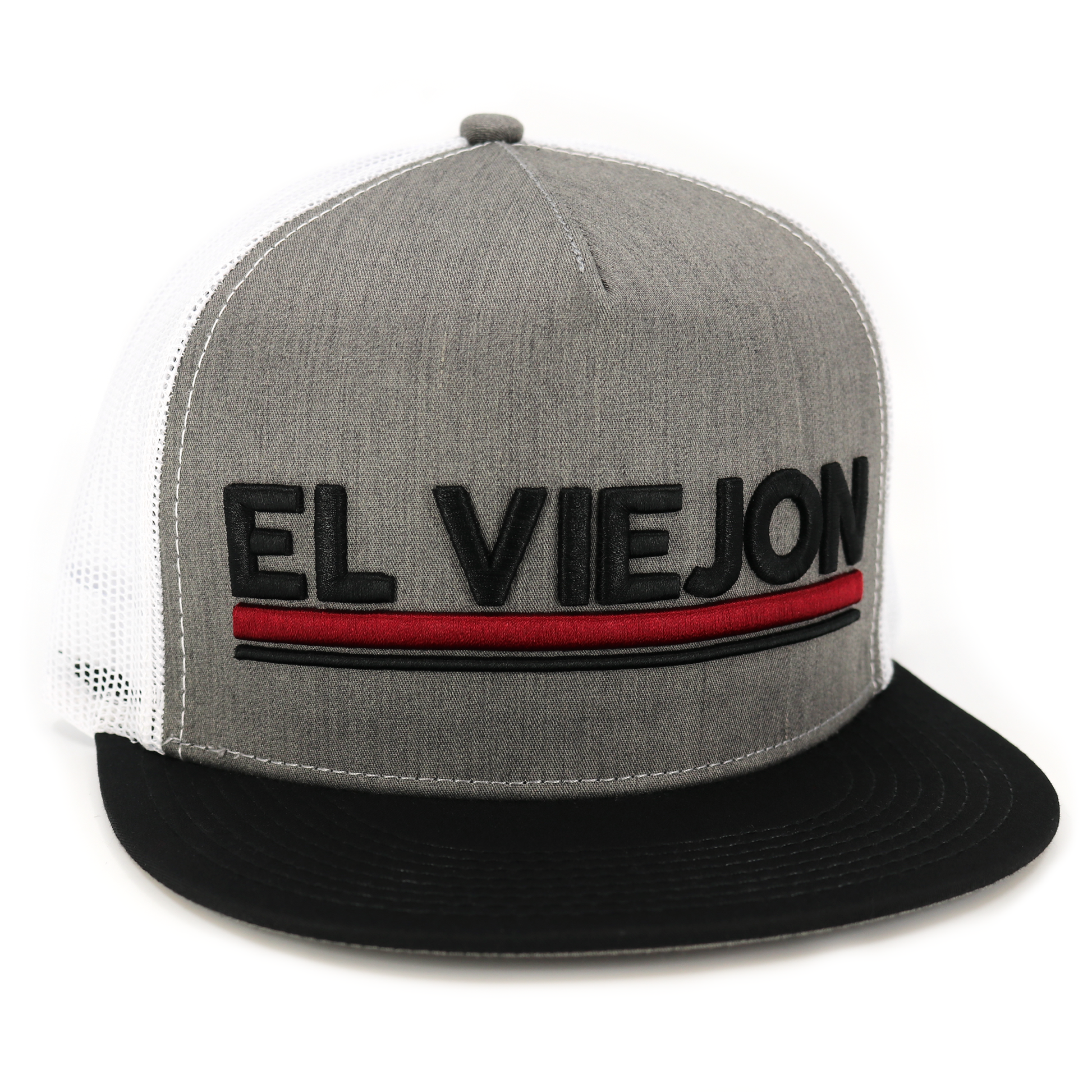 Euro Black/Heather/White flat visor hat with "EL VIEJON" embroidery and red stripe.