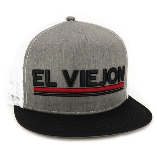 Euro Black/Heather/White flat visor hat with "EL VIEJON" embroidery and red stripe.