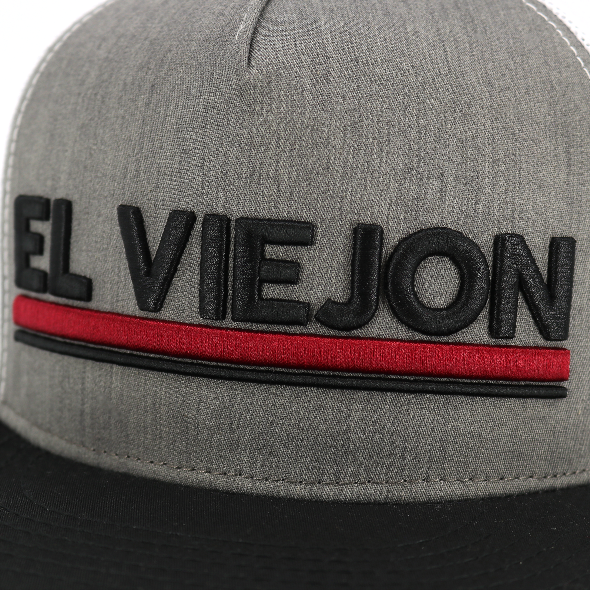 Euro Black/Heather/White flat visor hat with "EL VIEJON" embroidered in black and a red stripe.