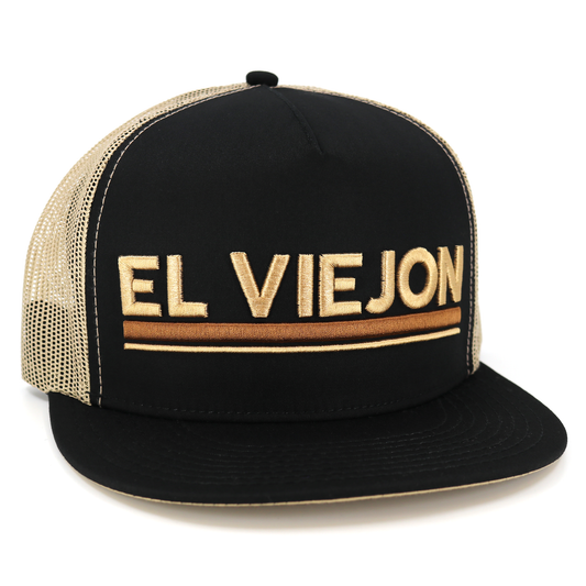Black 5-panel flat visor hat with khaki mesh back and "EL VIEJON" embroidered in gold.