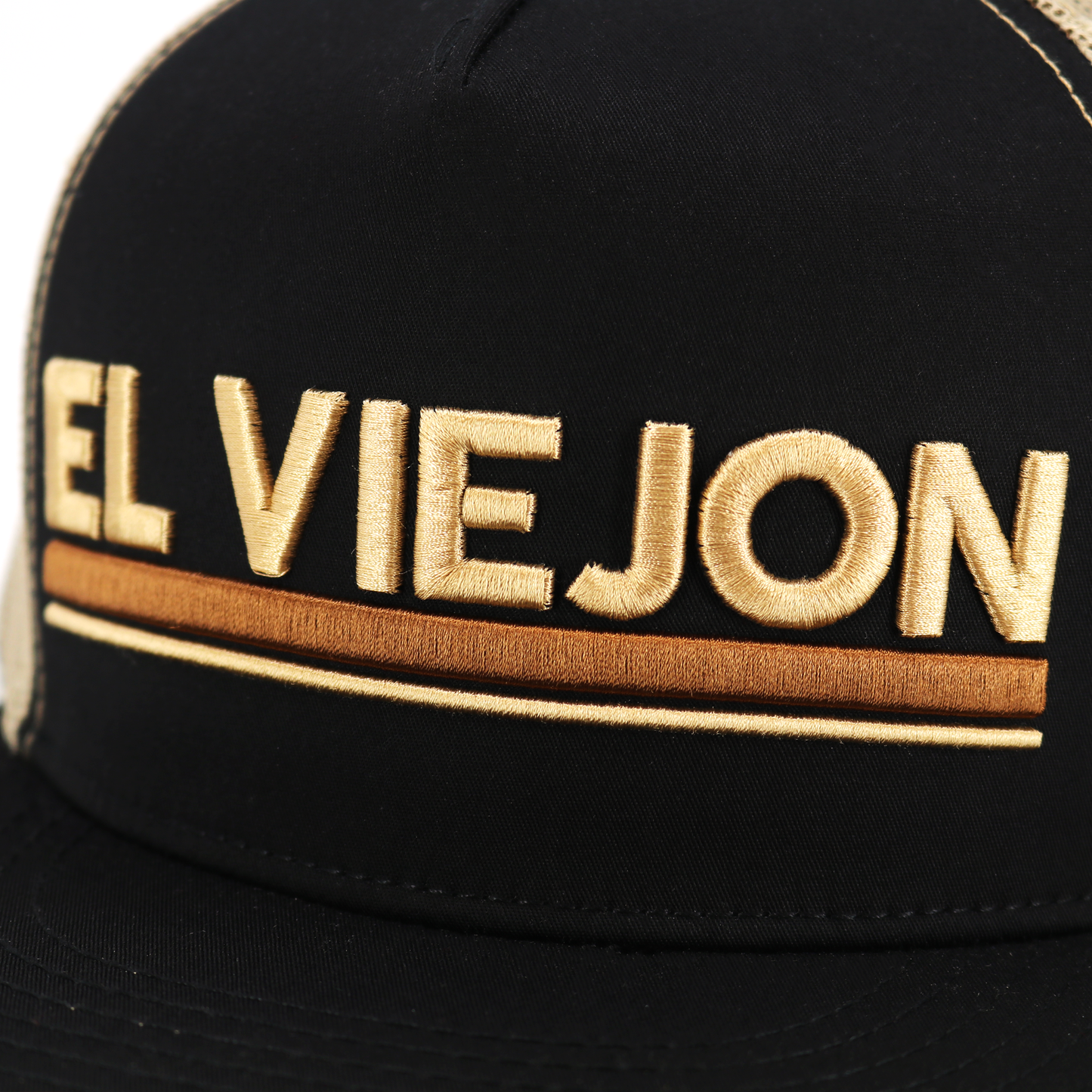 Euro Black/Khaki flat visor hat with "EL VIEJON" embroidered in gold, khaki mesh back.