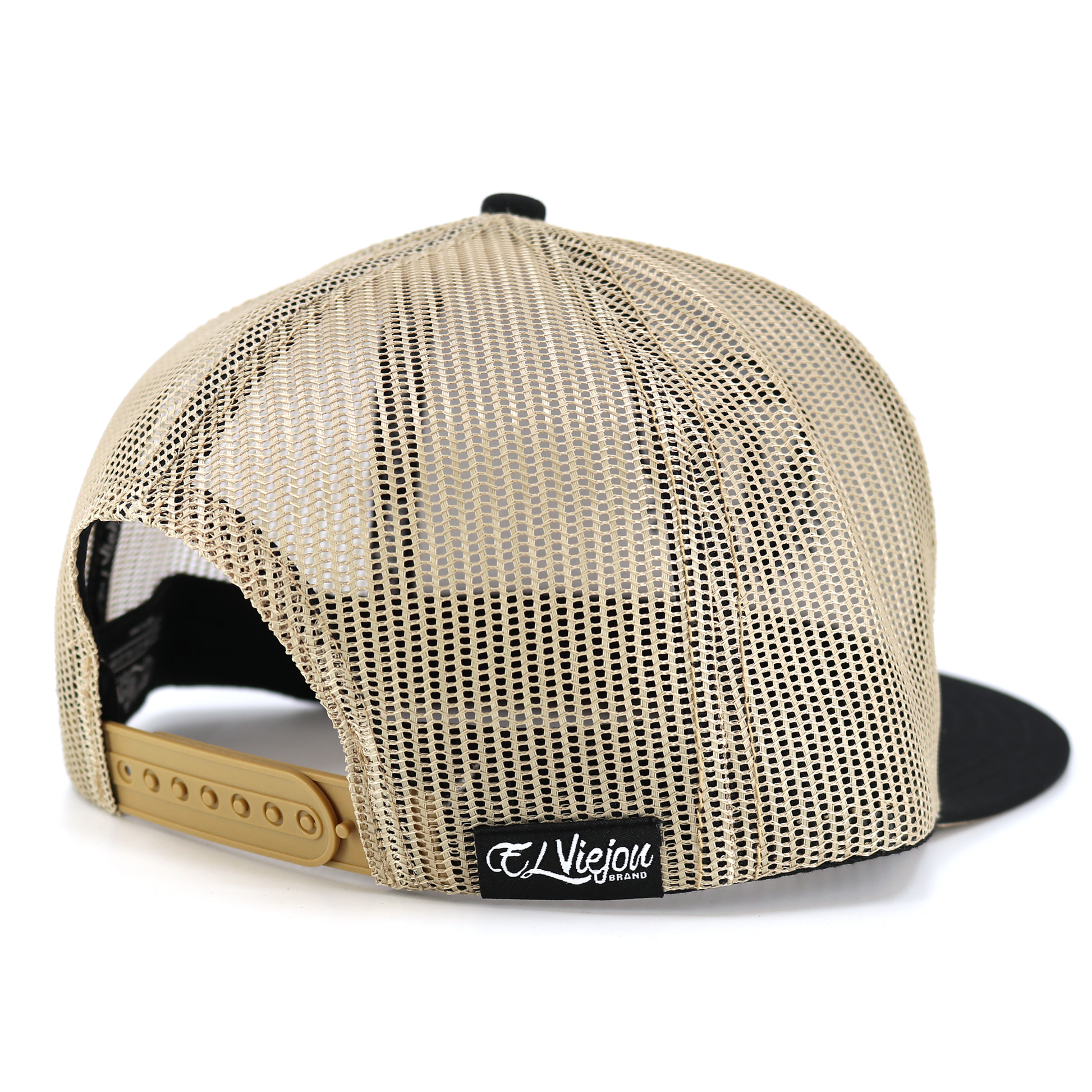Euro Black/Khaki flat visor hat with khaki mesh back, black crown, and adjustable snapback.