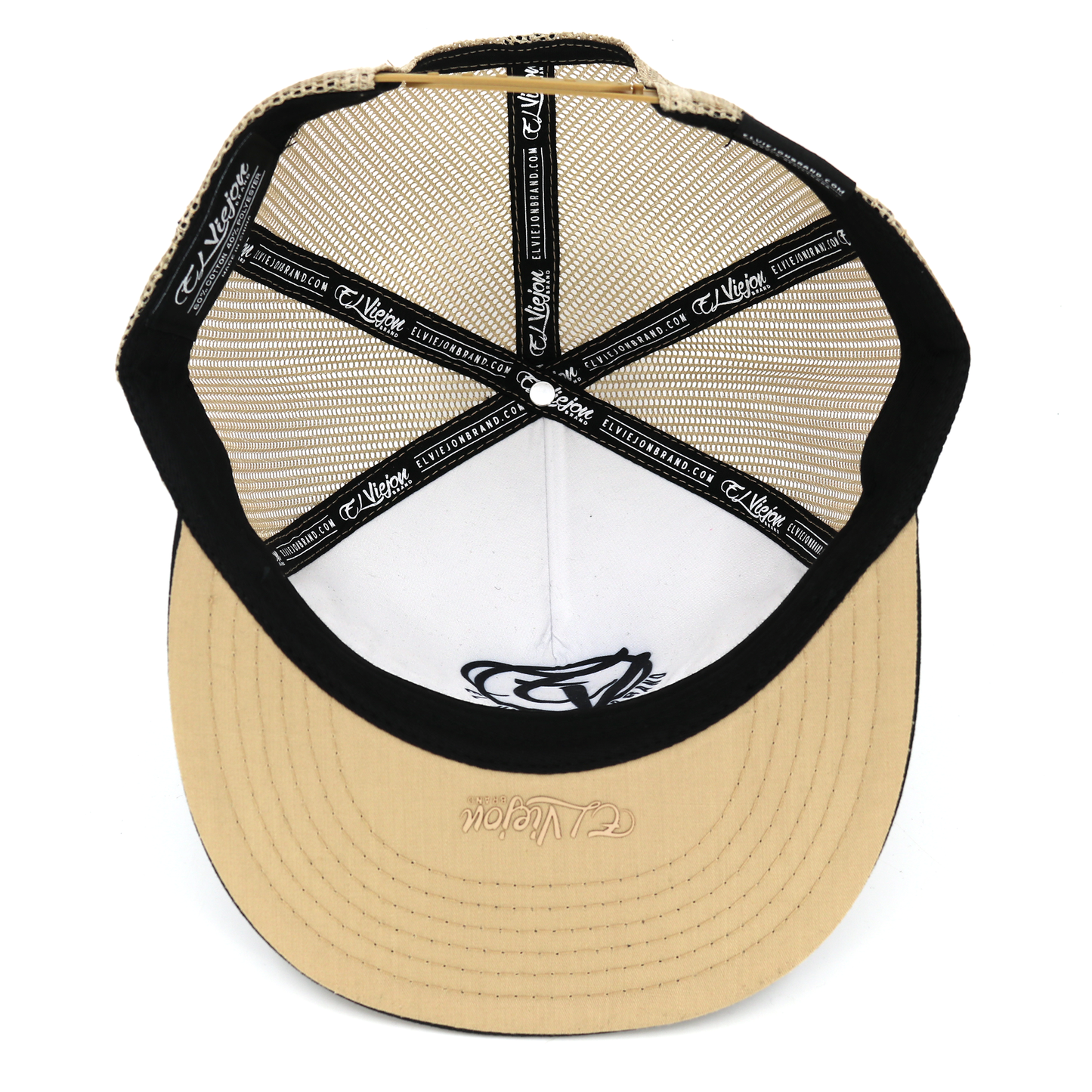 Euro Black/Khaki flat visor hat with khaki mesh, adjustable snapback, and high profile.