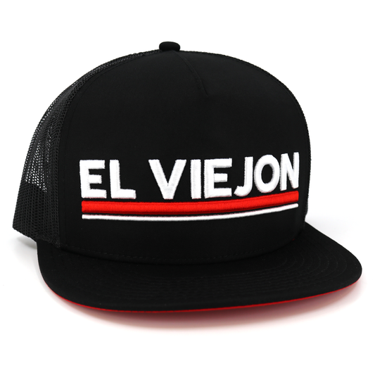 Black Euro flat visor hat with "EL VIEJON" embroidered in white and red, black mesh back, and red underbrim.