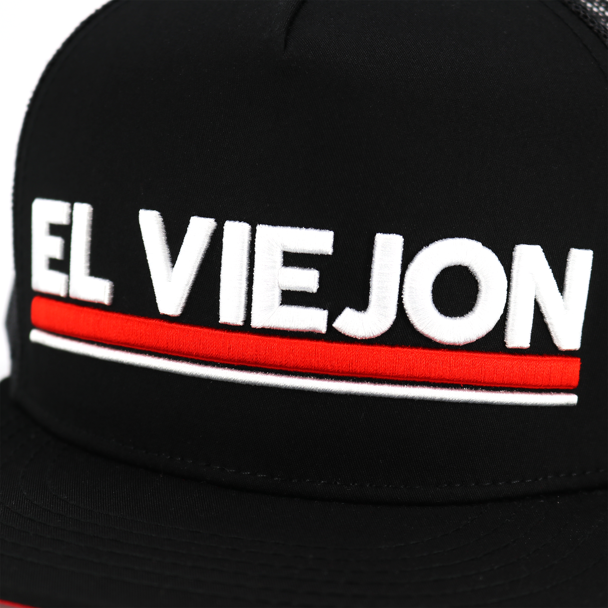 Black Euro flat visor hat with "EL VIEJON" embroidered in white and a red stripe.