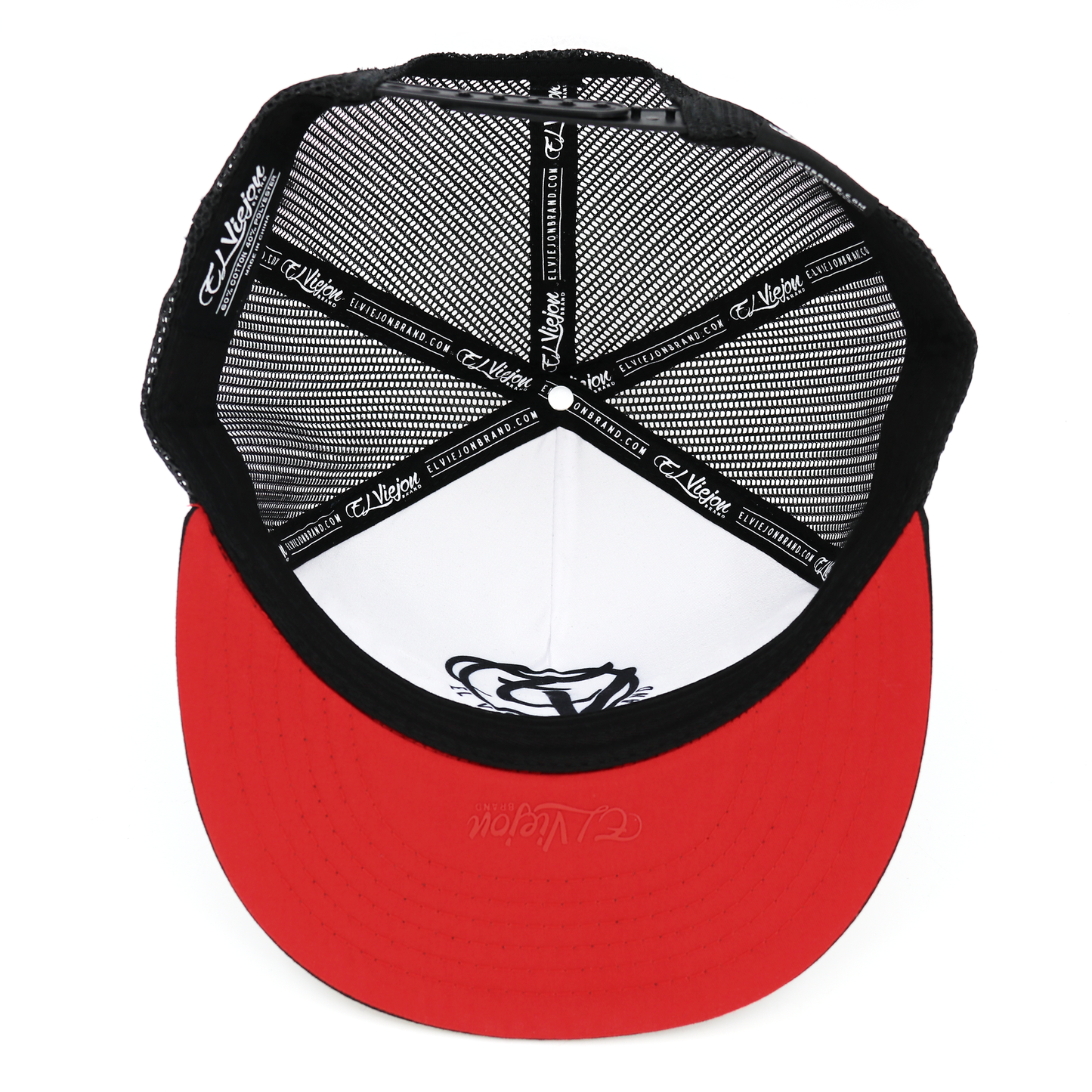 Euro Black flat visor hat with black mesh, red brim, and adjustable snapback.