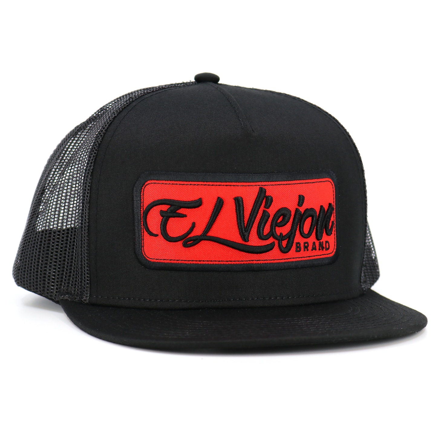 Black EVPatch flat visor hat with red El Viejon Brand patch and black mesh back.