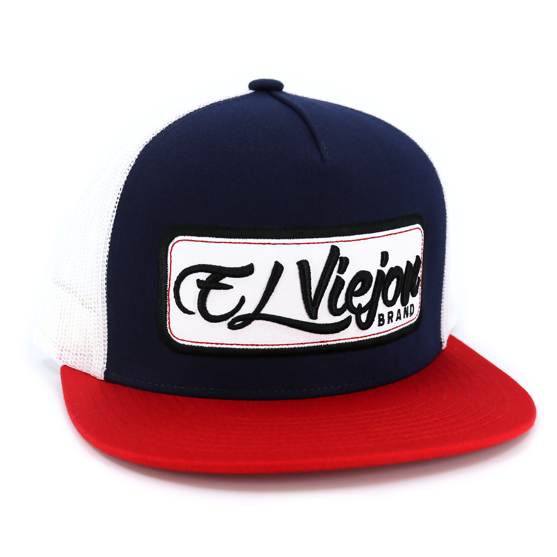 EV Patch Red/Navy/White TruCap™ trucker hat with flat visor and "El Viejon Brand" patch.