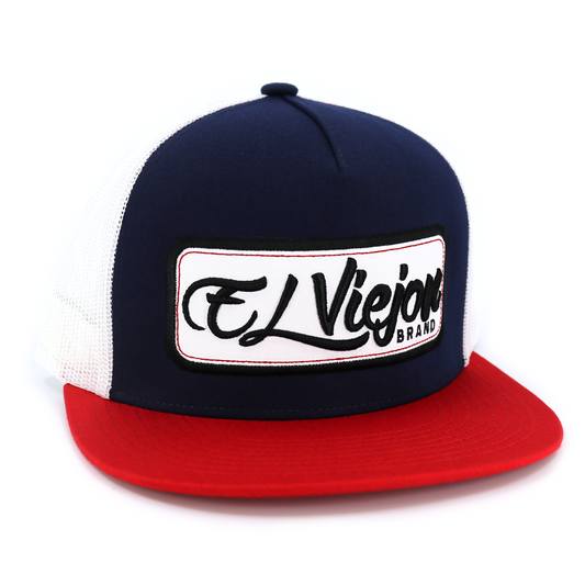 EV Patch Red/Navy/White TruCap™ trucker hat with flat visor and "El Viejon Brand" patch.