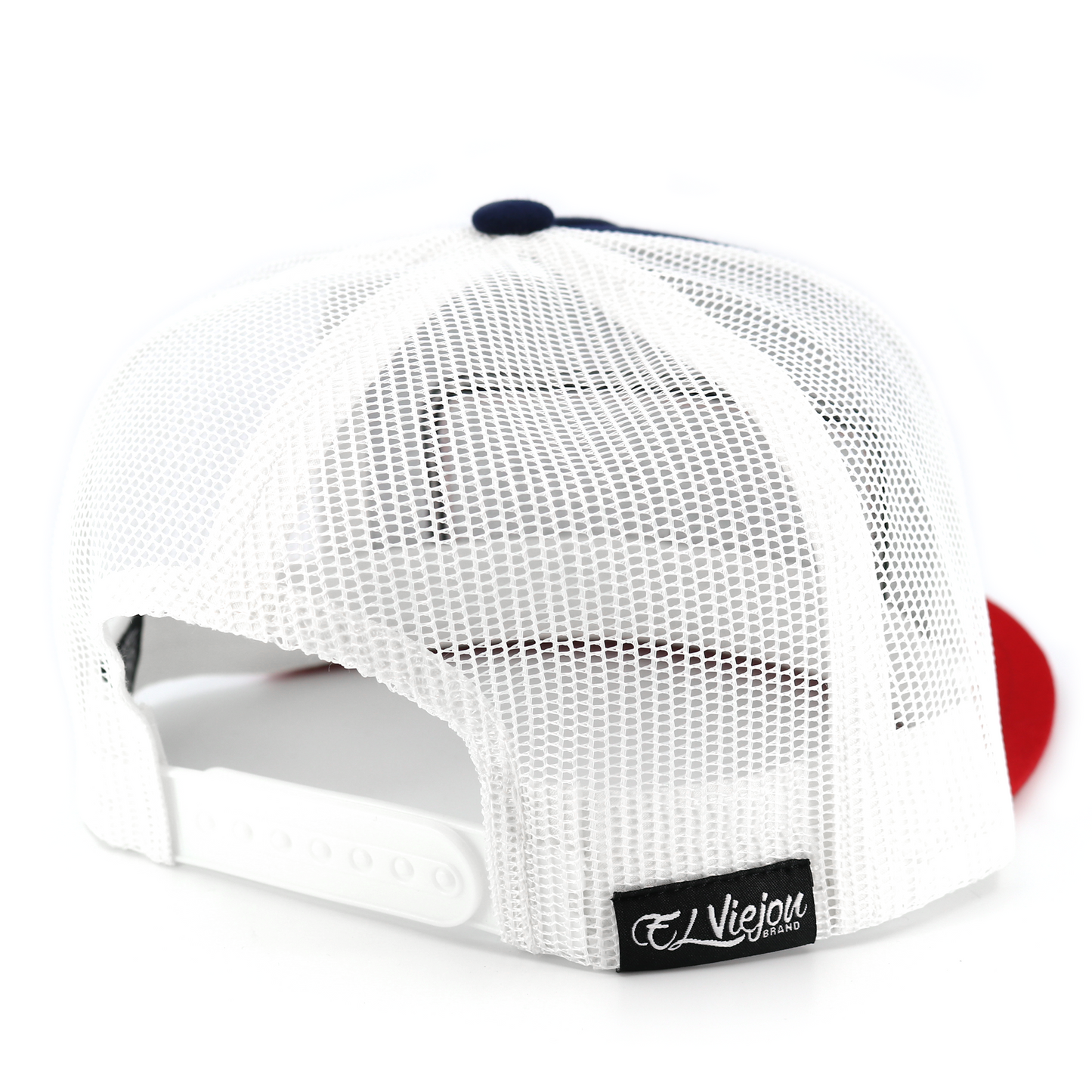 Red, navy, white mesh TruCap™ trucker hat with flat visor, high profile, and adjustable snapback.
