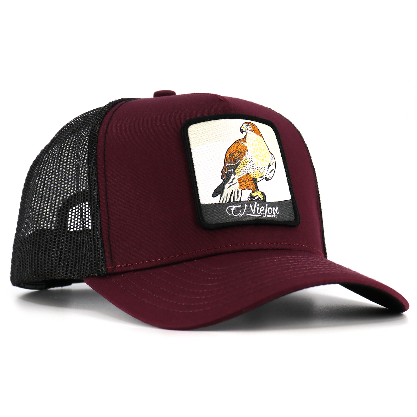 Halcon Maroon/Black AVC hat with a hawk patch, black mesh back, and pre-curved visor.