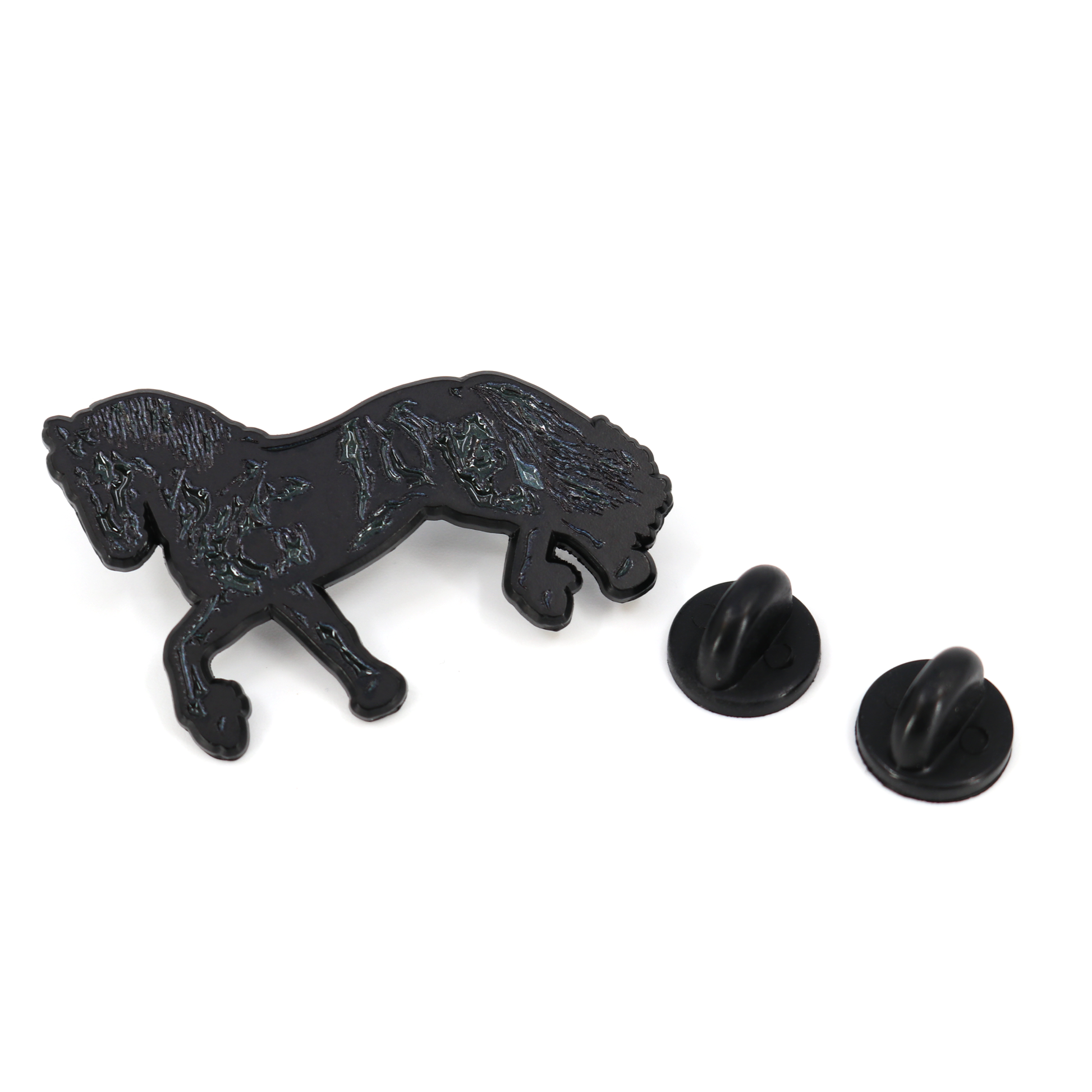 Black metal Frison horse pin with detailed mane and two rubber clutch attachments.