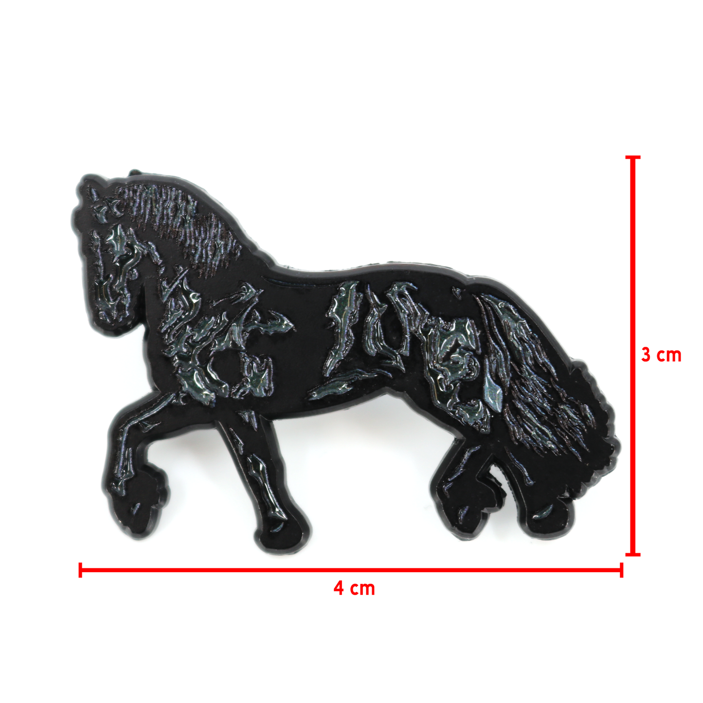 Black Frison horse pin, 4 cm wide x 3 cm tall, with detailed mane and tail, rubber clutch.