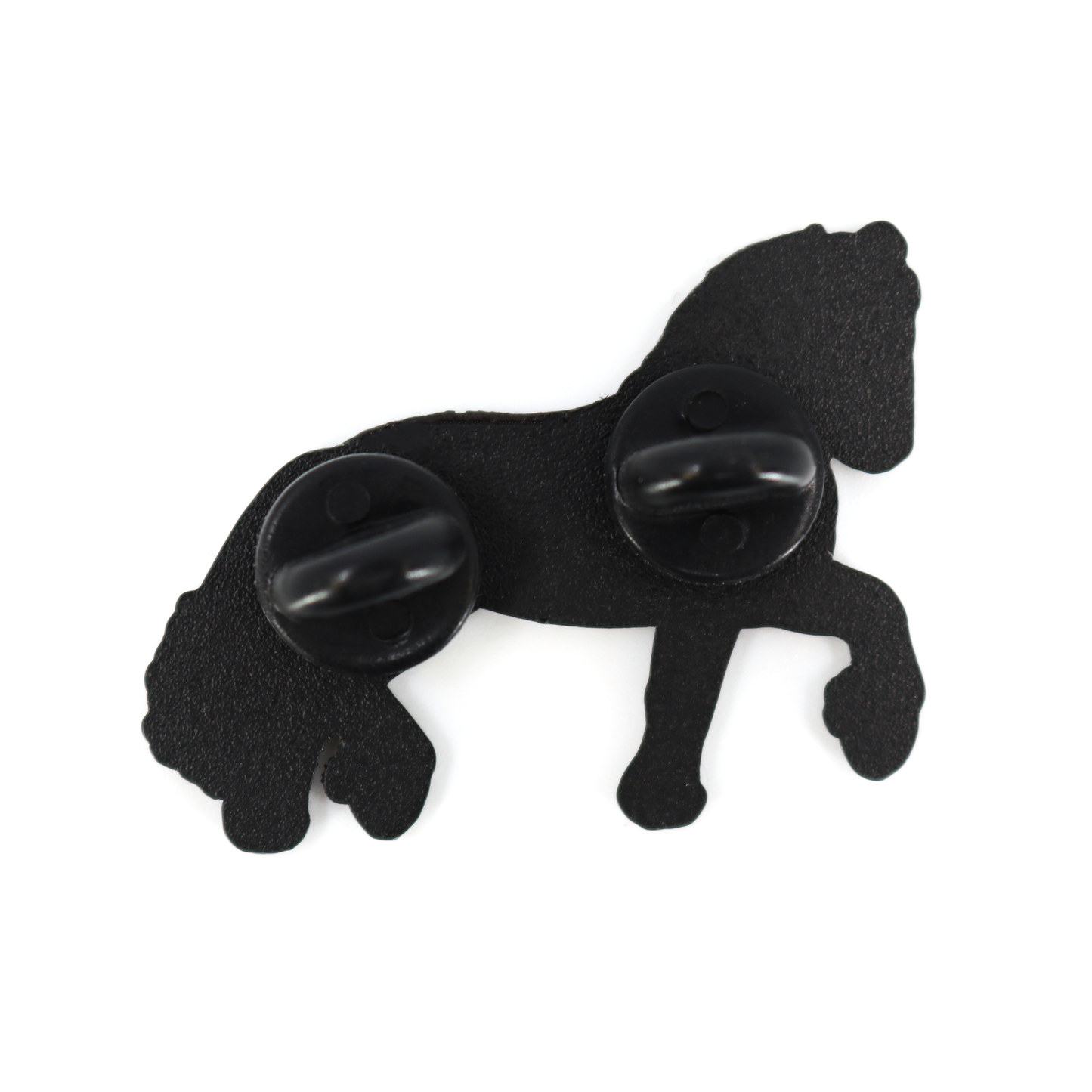 Black Frison horse enamel pin, rear view, with two rubber clutch attachments.