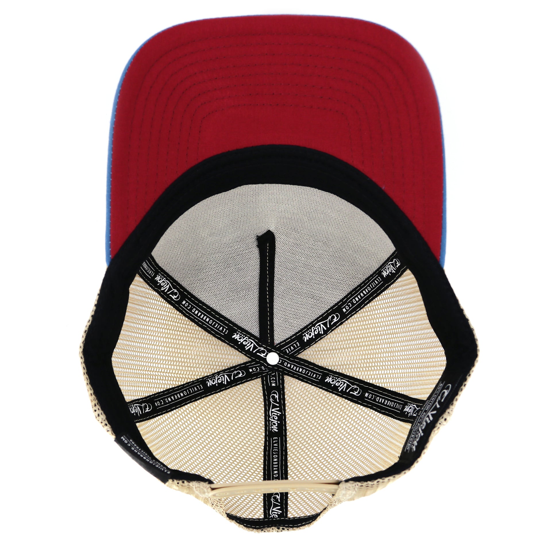 Gallo Giro AVC hat with blue front, red brim, khaki mesh back, and black snapback.