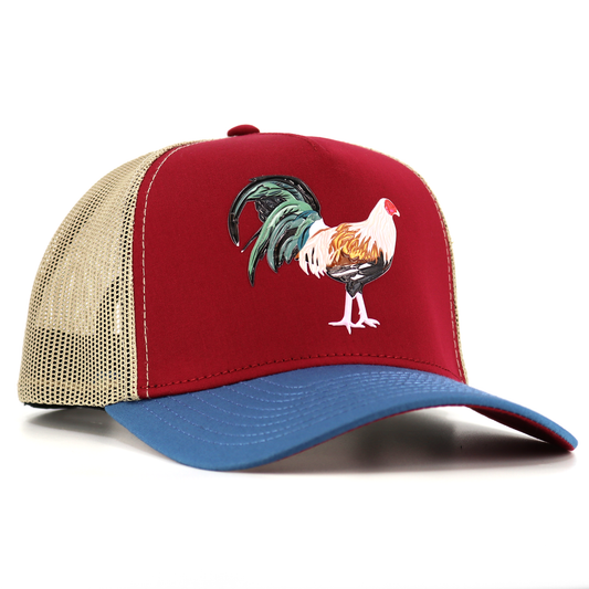 Gallo Giro AVC hat: maroon front panel with rooster graphic, khaki mesh back, blue pre-curved visor.