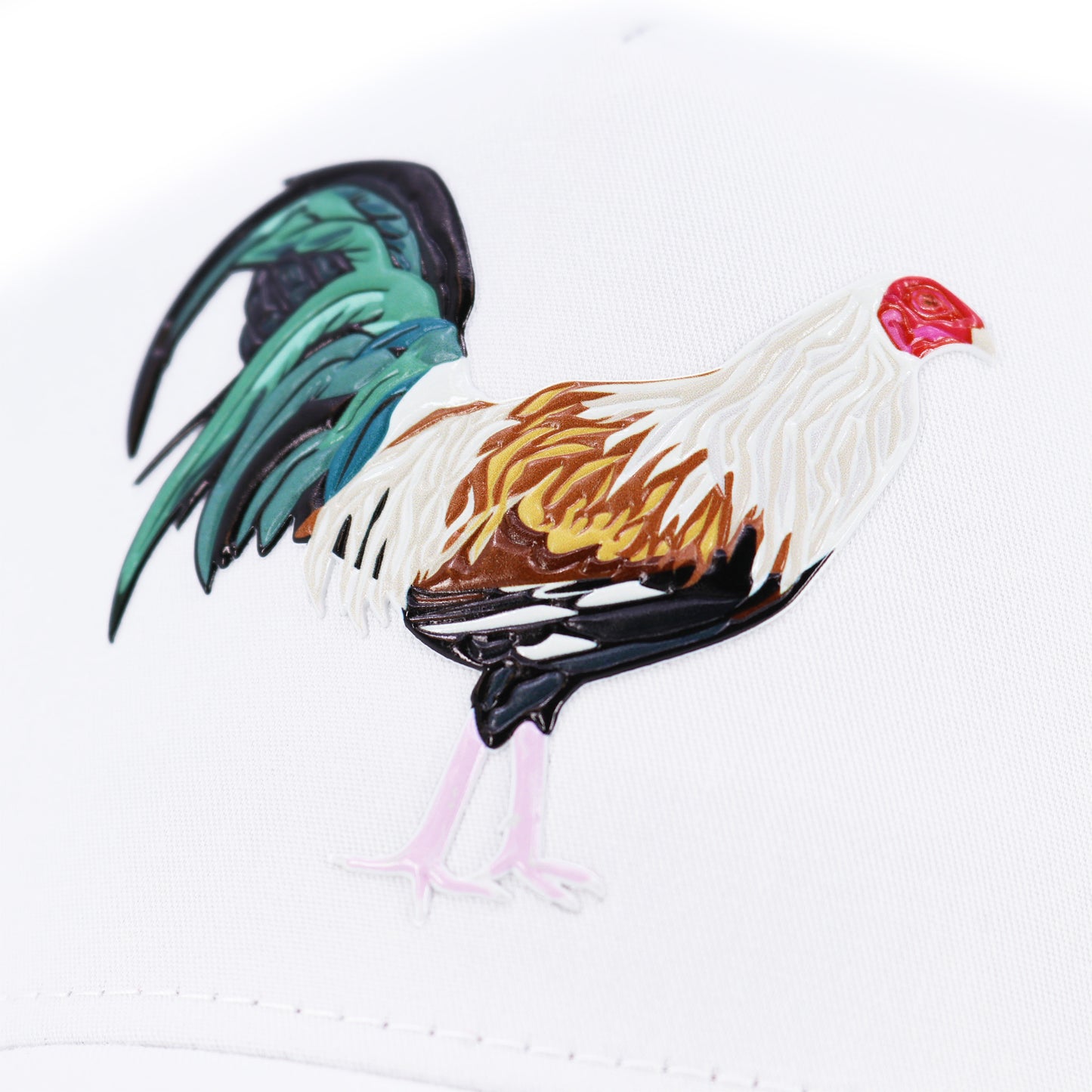 White Gallo Giro AVC hat with colorful rooster embroidery.
