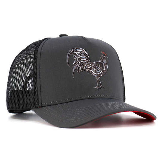 Gallo Negro charcoal/black AVC hat with a detailed rooster embroidery and red under visor.