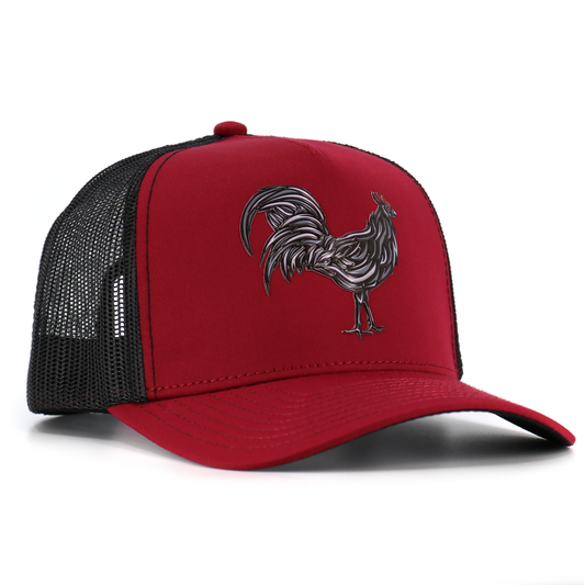 Gallo Negro maroon and black mesh AVC hat with a metallic rooster design.