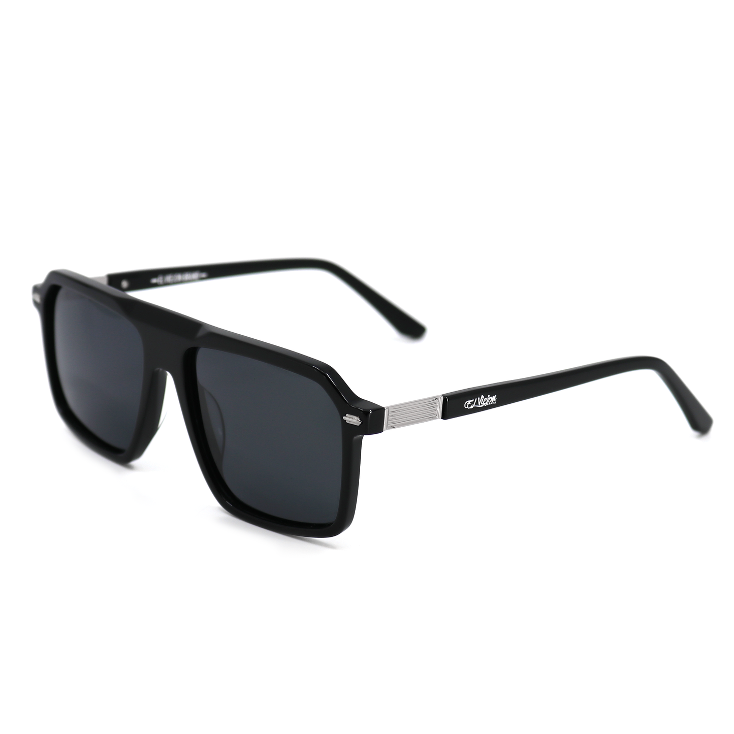 Director™ black acetate sunglasses with polarized lenses and El Viejon Brand™ logo on silver temples.