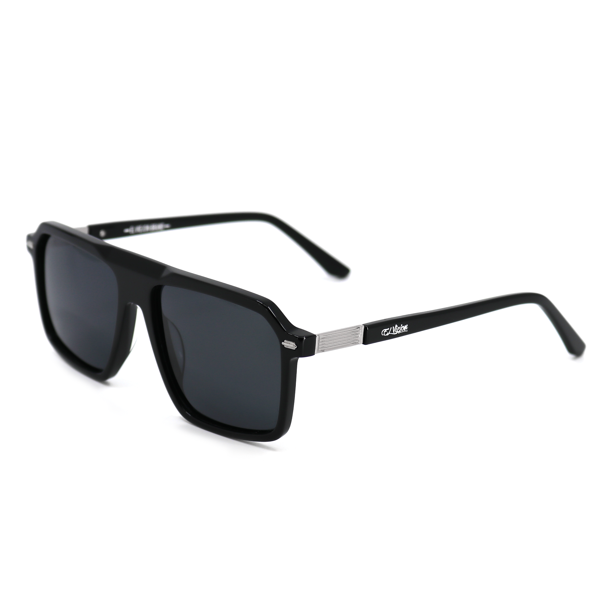 Director™ black acetate sunglasses with polarized lenses and El Viejon Brand™ logo on silver temples.