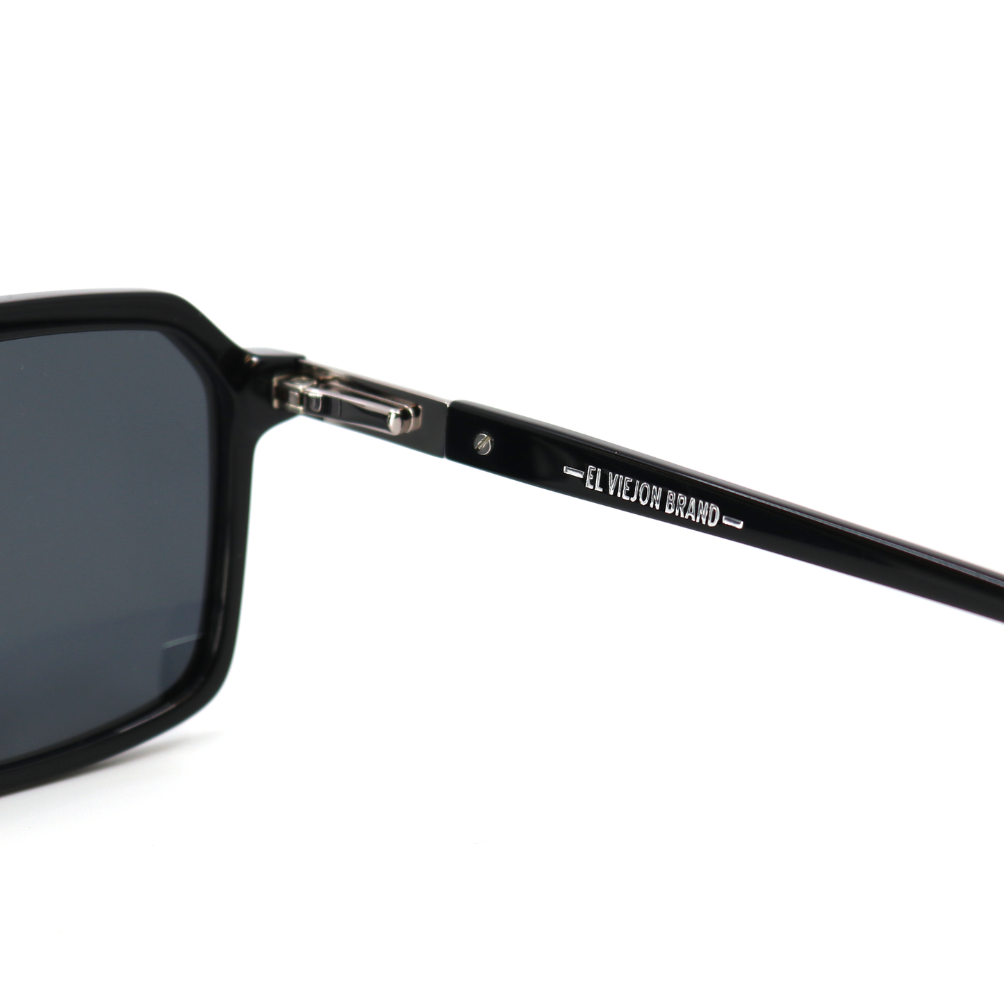 Director black acetate sunglasses with polarized lenses and El Viejon Brand logo on temple.