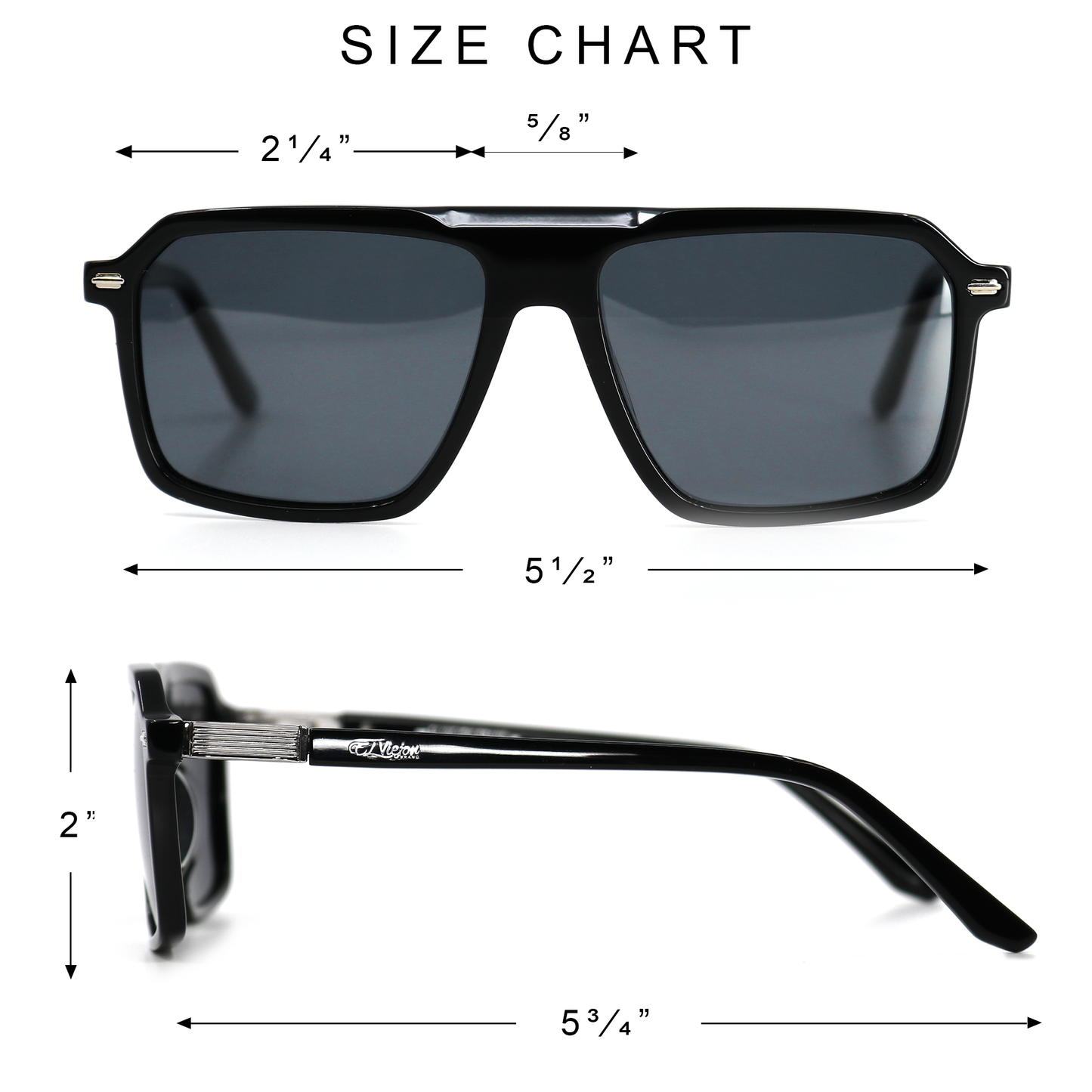 Director black acetate sunglasses with polarized lenses and El Viejon Brand logo on temples, showing size chart.