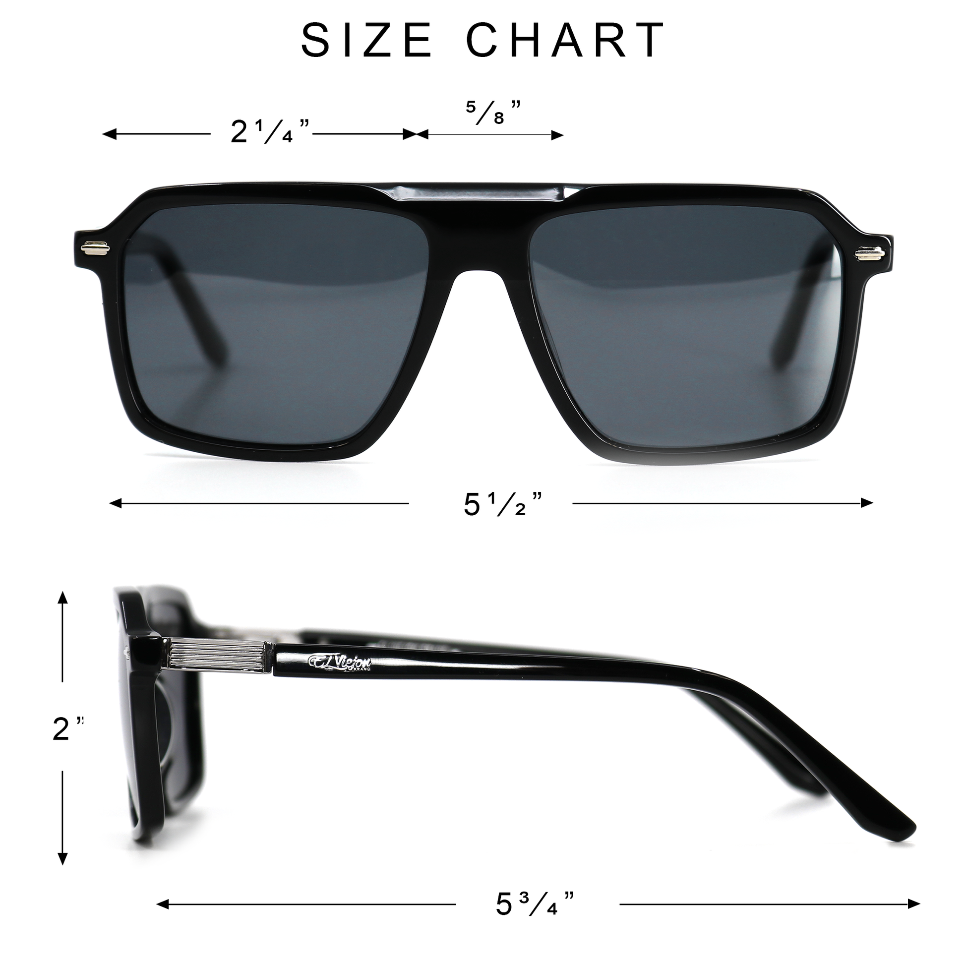 Director black acetate sunglasses with polarized lenses and El Viejon Brand logo on temples, showing size chart.